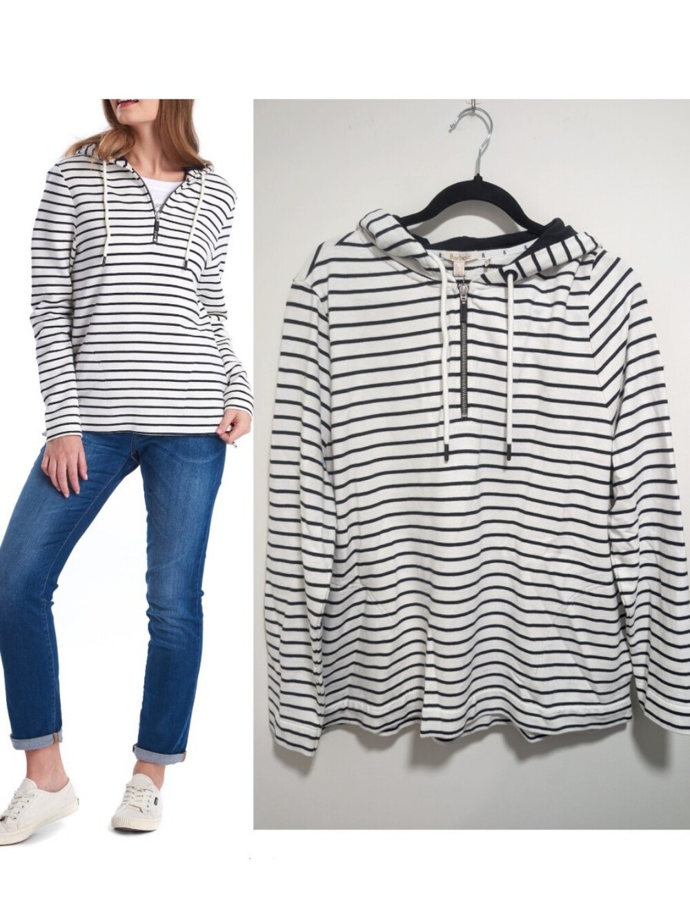 Barbour | Seaboard Striped Quarter-Zip Hoodie In White Navy